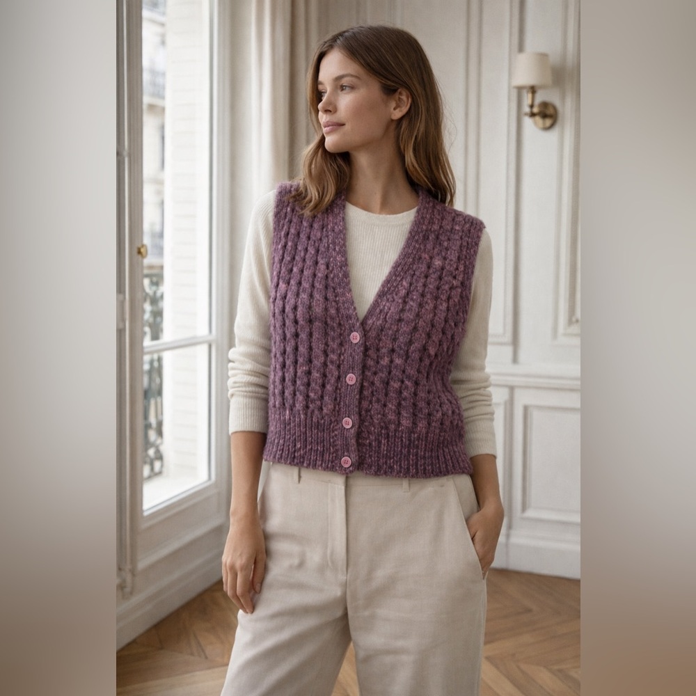 Handmade Cable Knit Button-Front Sweater Vest - Plum